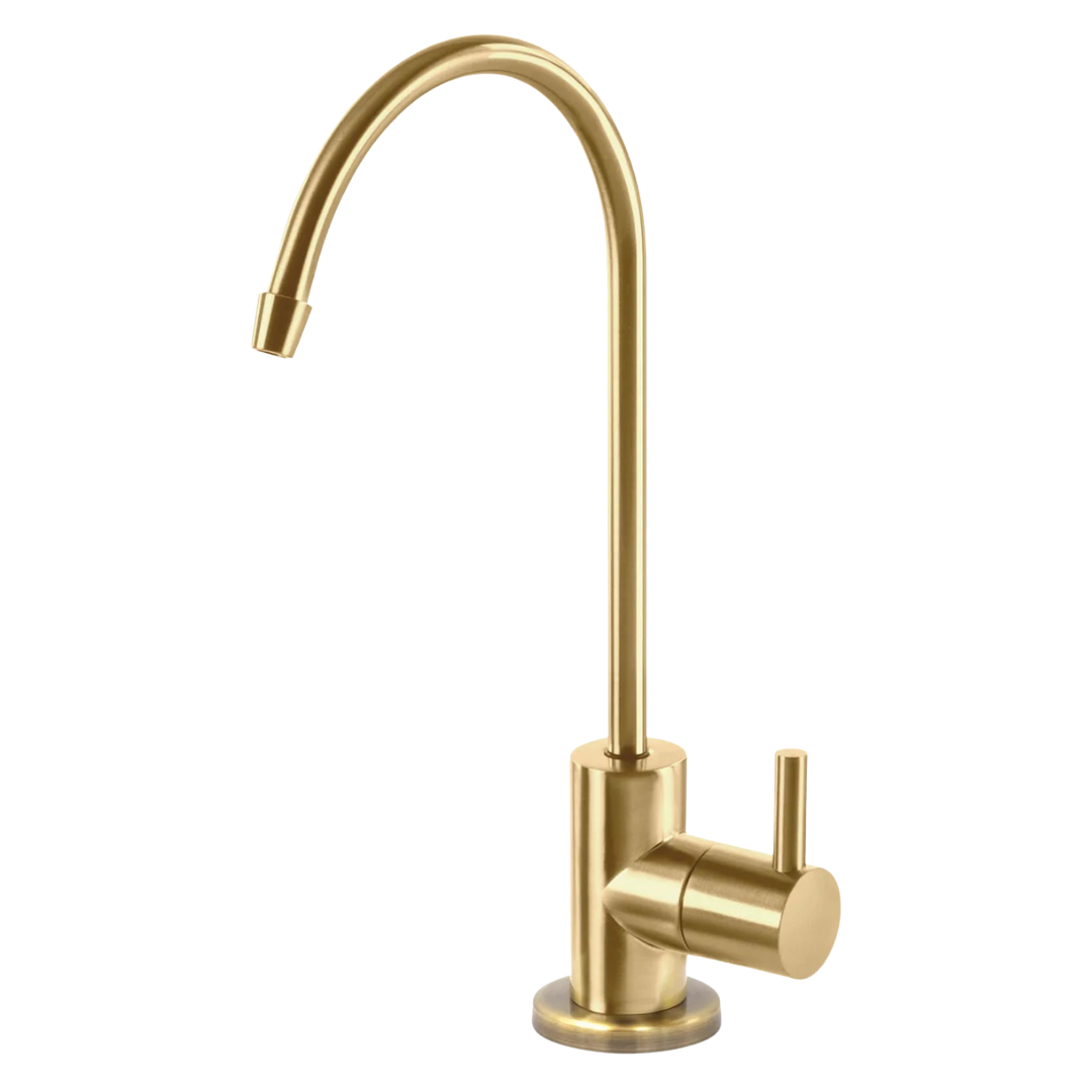 Brushed gold reverse osmosis faucet upgrade for modern kitchen — available with Shield Water Co. drinking water systems in Dallas-Fort Worth.