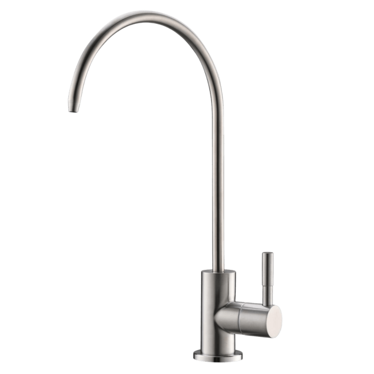 Brushed nickel reverse osmosis faucet finish for kitchen sink — available with Shield Water Co. drinking water systems in DFW.