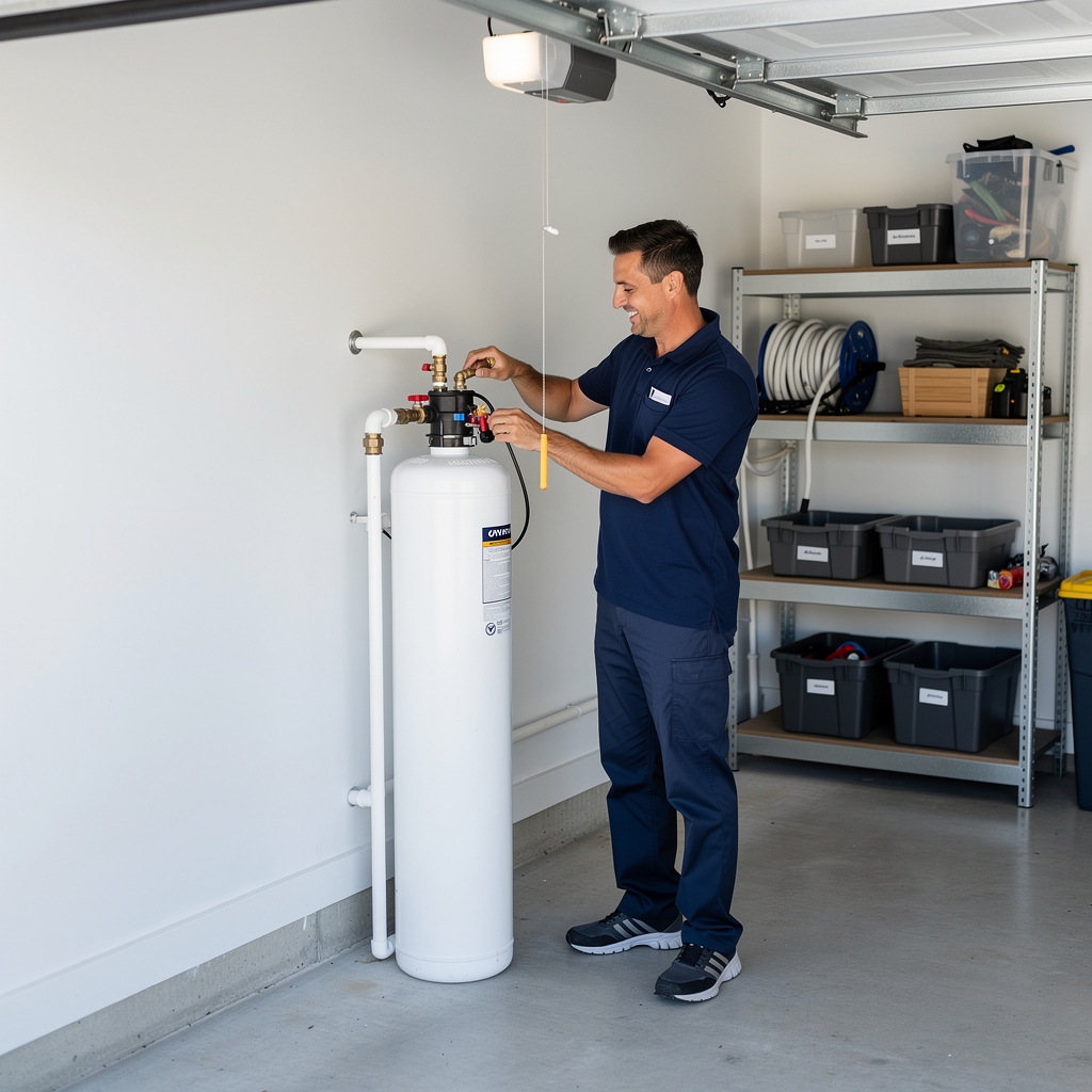 Licensed Shield Water Co. technician installing a whole home water softener in a Dallas-Fort Worth home.